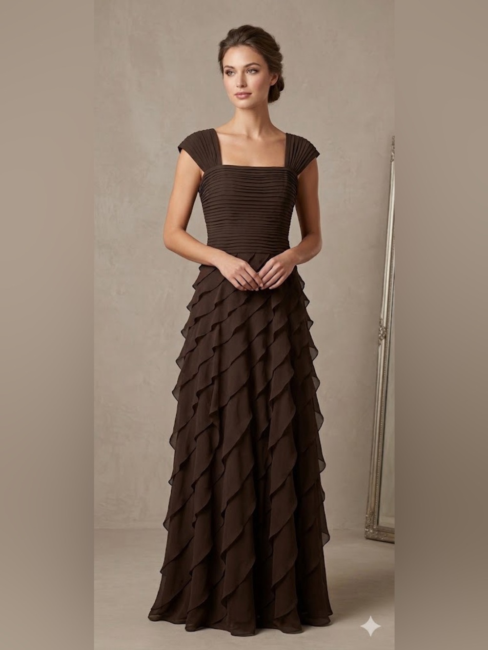 Tadashi Shoji Brown Tiered Ruffle Maxi Dress